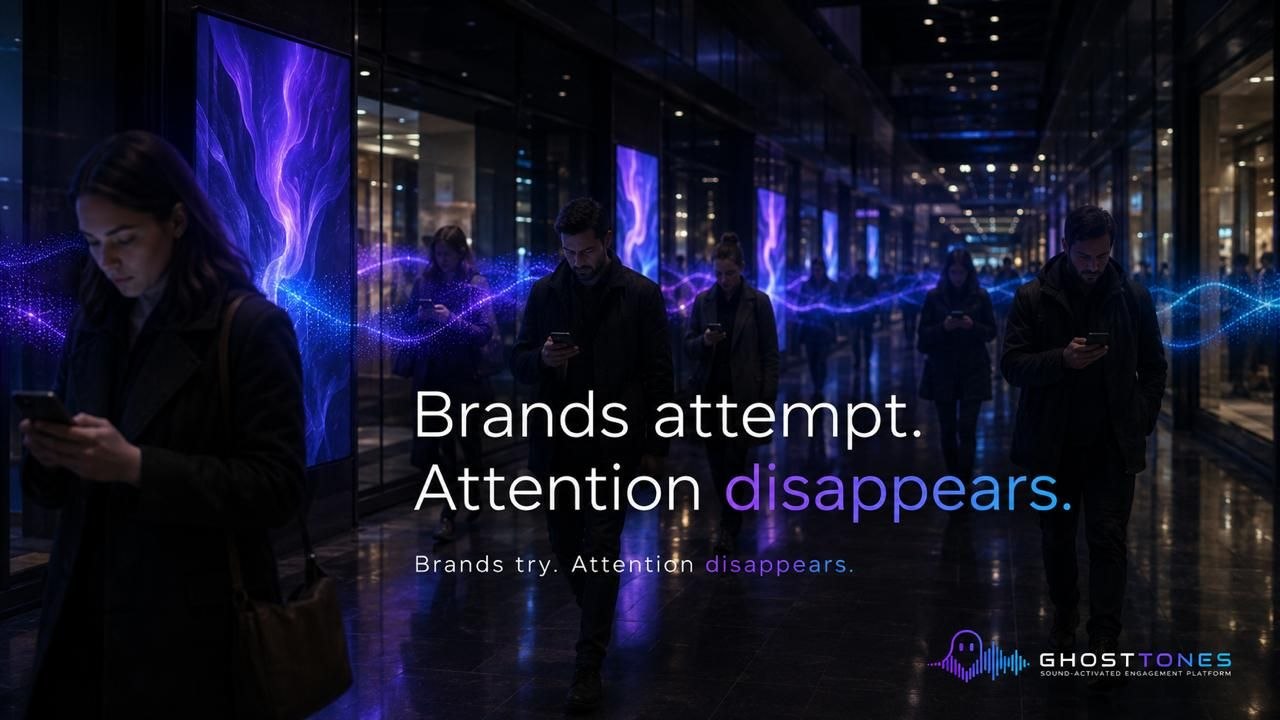 Digital mall corridor with GhostTones wave and headline Brands attempt. Attention disappears.