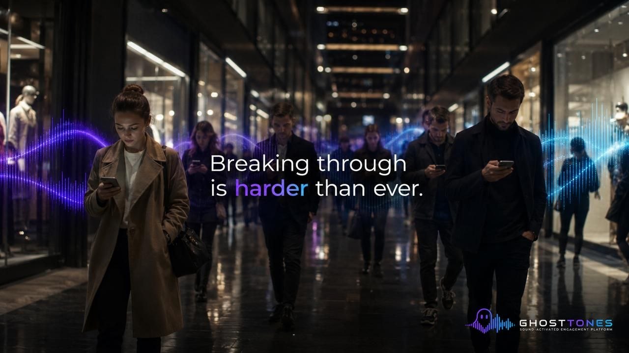 Crowded retail corridor with sound wave and headline Breaking through is harder than ever.