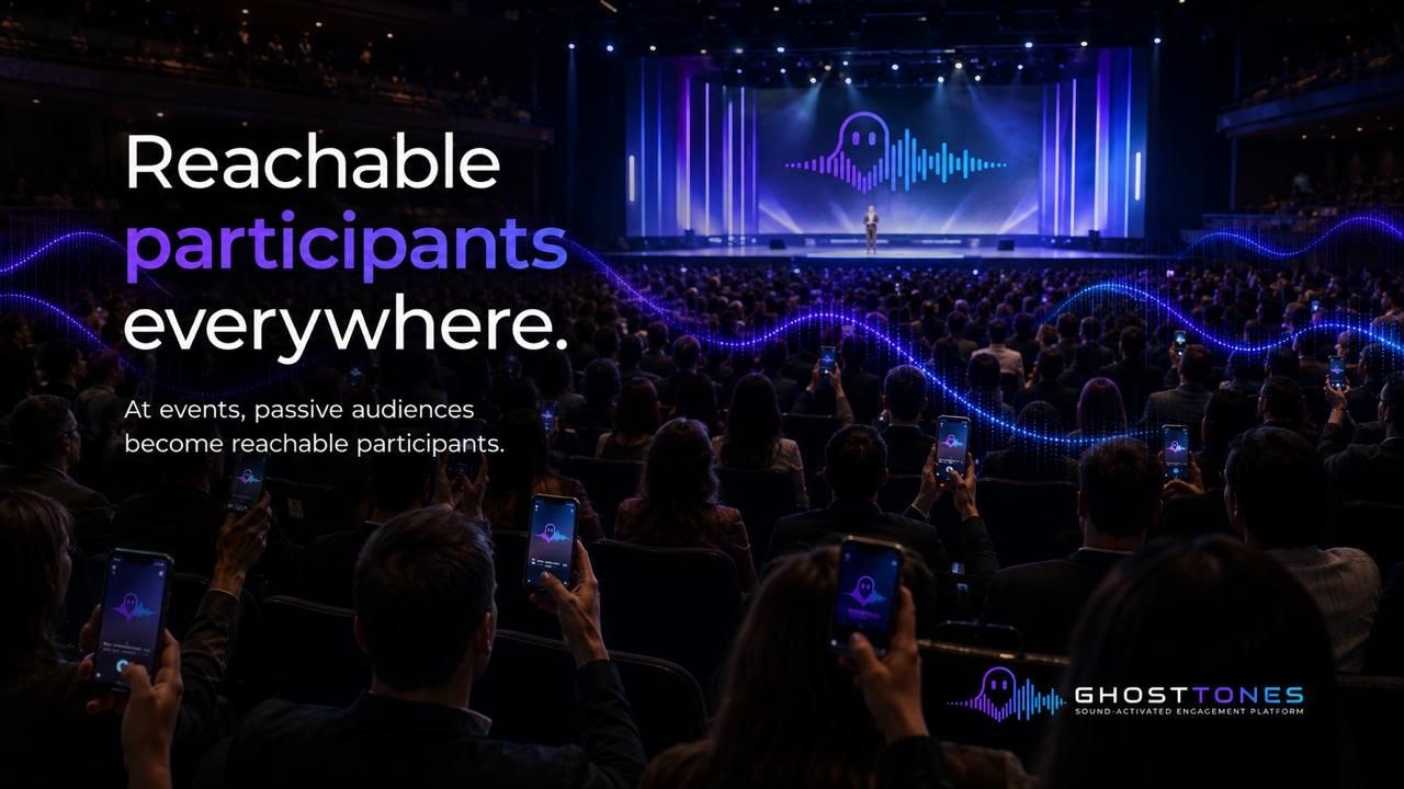 Conference audience using phones with headline Reachable participants everywhere.